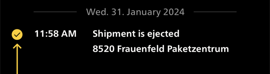 Screenshot from the Swiss Post tracking from a package, which reads: "Shipment is ejected"